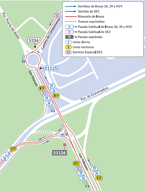 Mapa que muestra la supresión de la parada 51126 en Los Yébenes
