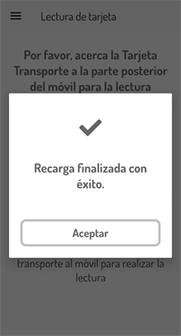 Paso 11. Pantalla en la que se indica que la recarga se ha realizado correctamente.