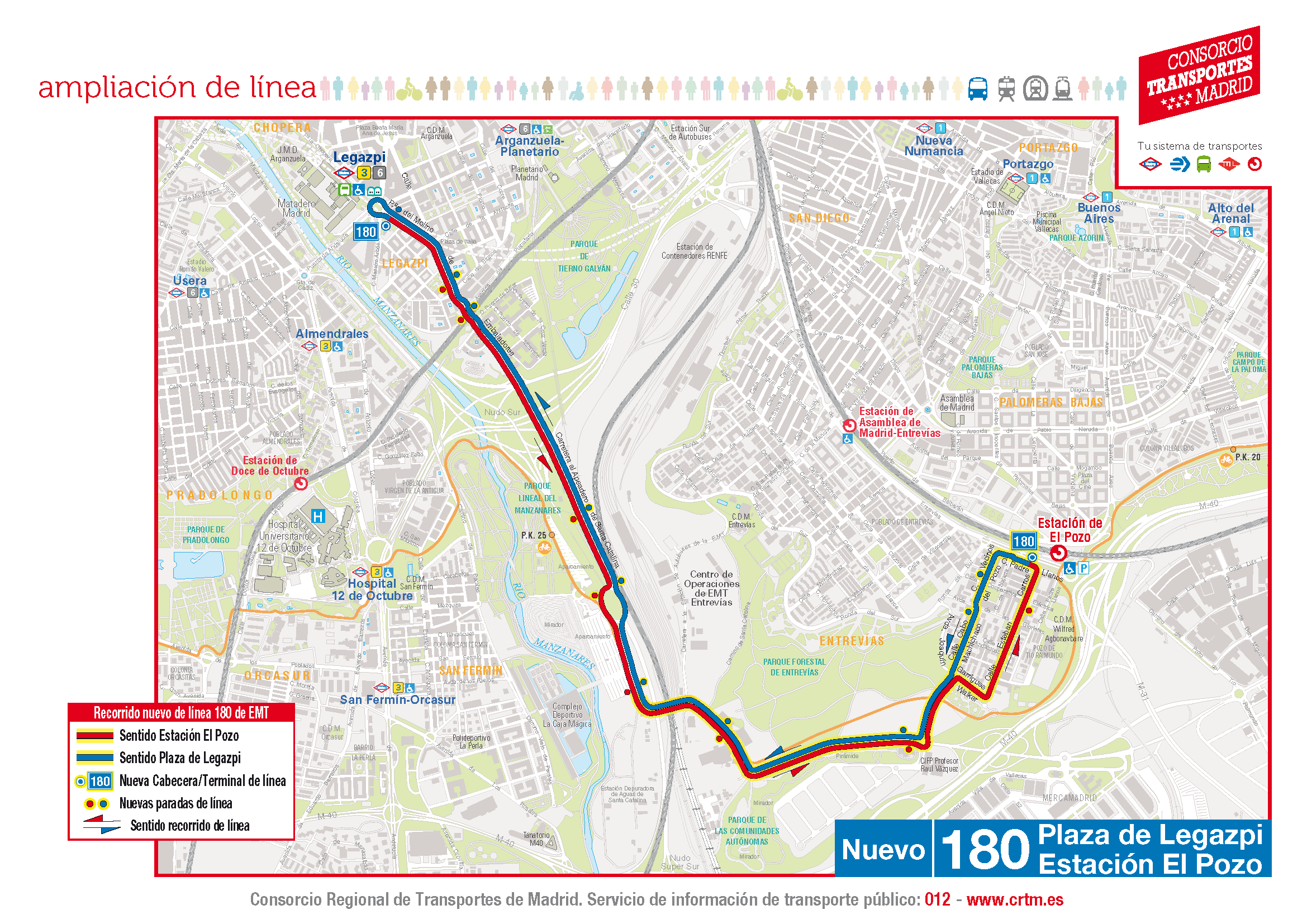 Plano del nuevo itinerario de la línea 180 de la EMT