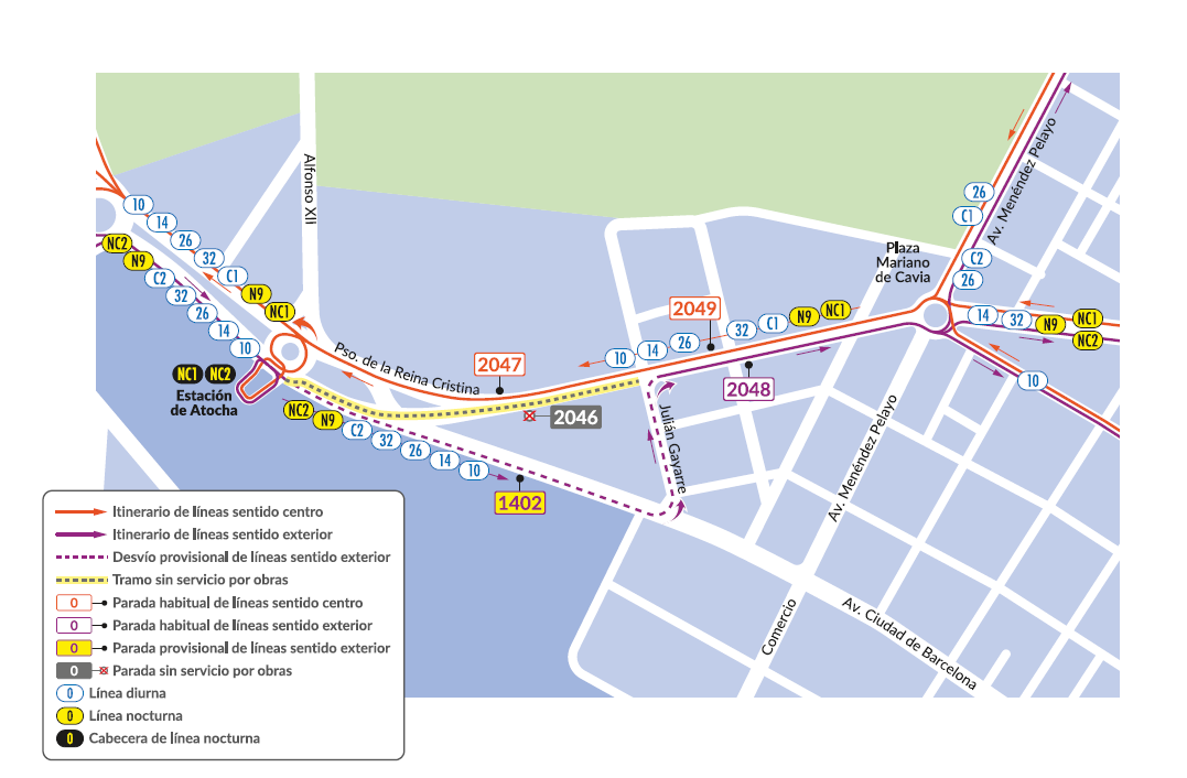 Detalle del plano con modificación de itinerarios en el entorno de Atocha