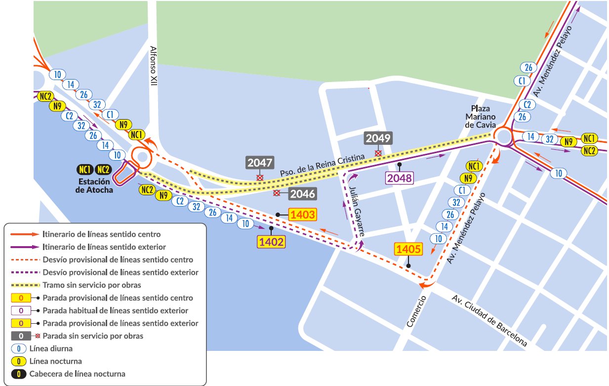 Detalle del plano con modificación de itinerarios en el entorno de Atocha