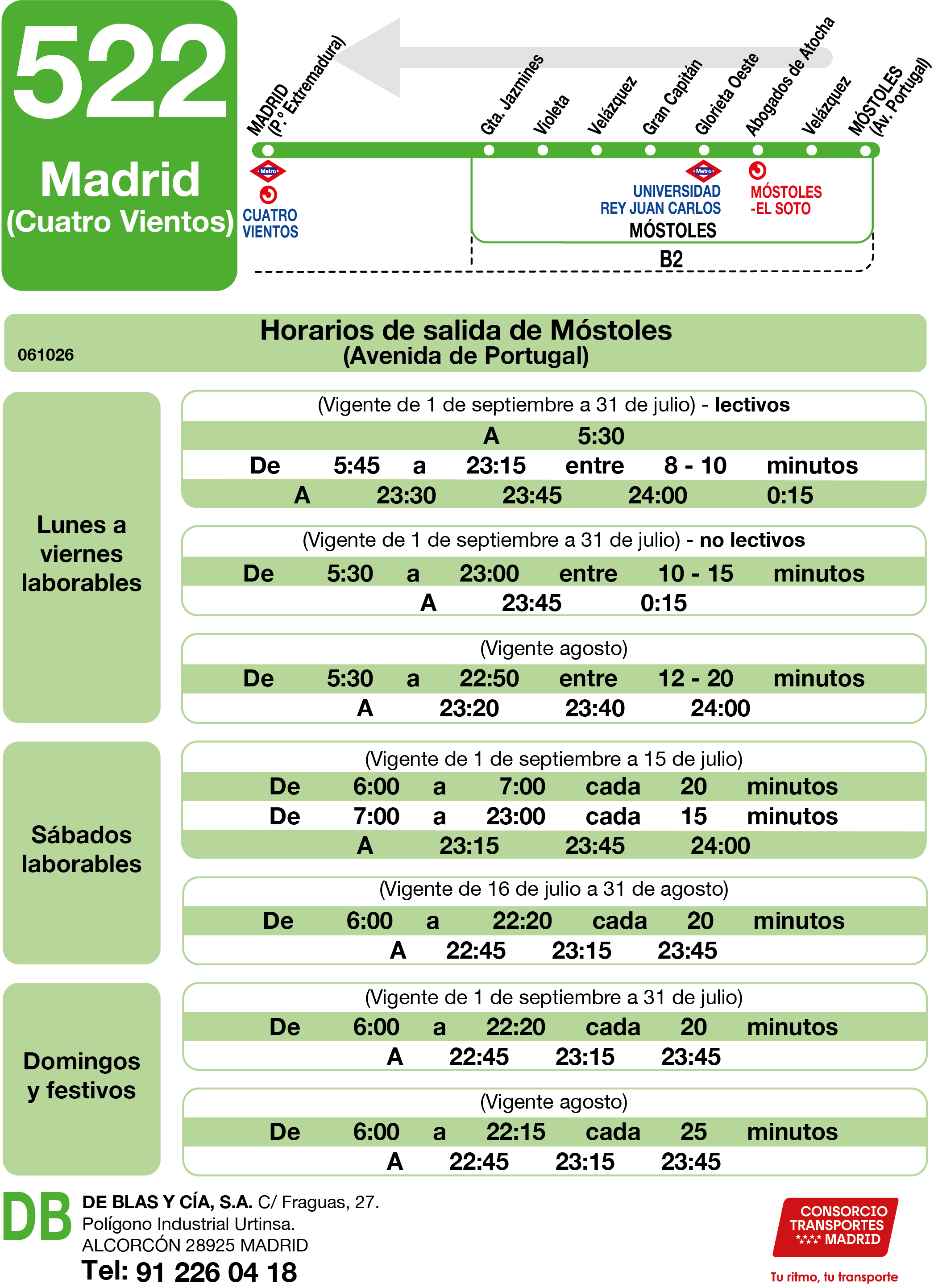 Horarios e itinerario en sentido Madrid