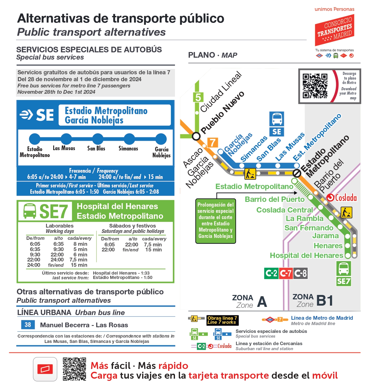 Alternativas de transporte L7 entre Estadio Metropolitano y Garcia Noblejas