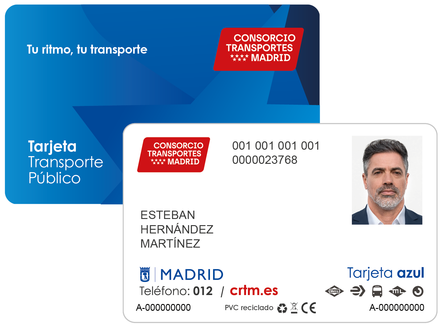 Imagen de la Tarjeta Transporte Público, "Tarjeta Azul", por ambas caras