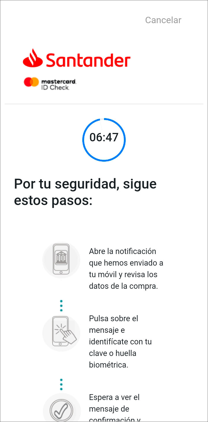 Alta tarjeta bancaria. Paso 3. Pantalla en la que se indica cómo proceder con la entidad bancaria