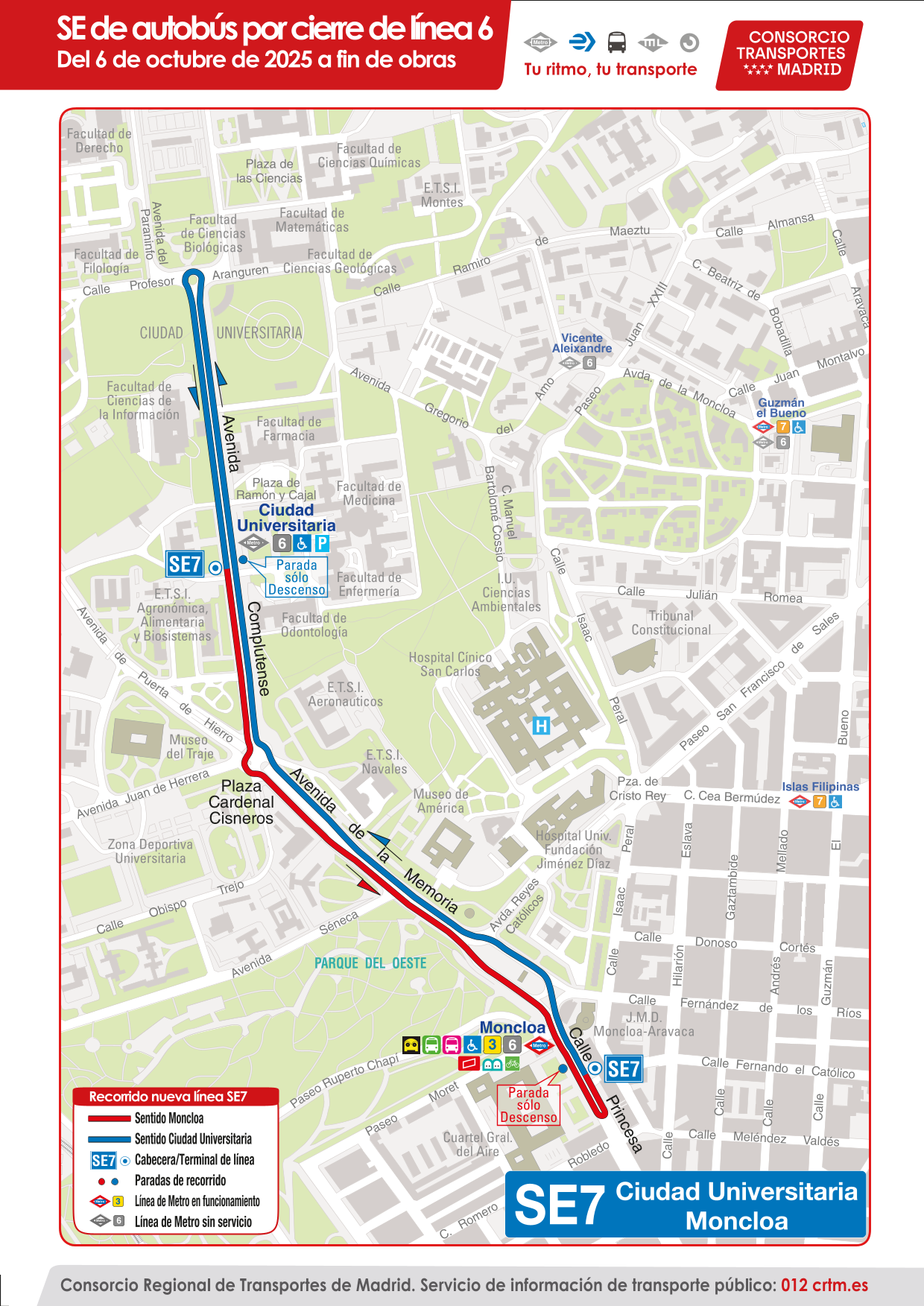 Plano del servicio especial de autobús Ciudad Universitaria - Moncloa