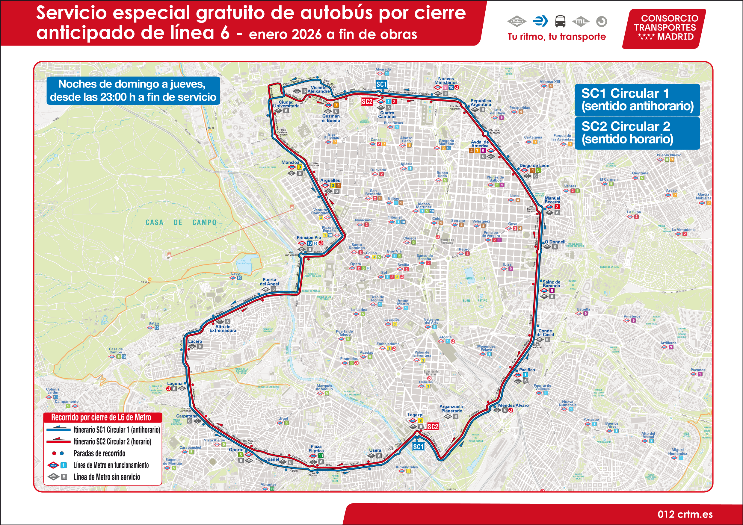 Plano del recorrido de los servicios especiales de autobús por cierre anticipado línea 6