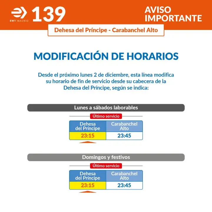 Modificación del último horario de salida de la línea 139 (Dehesa del Príncipe – Carabanchel Alto)